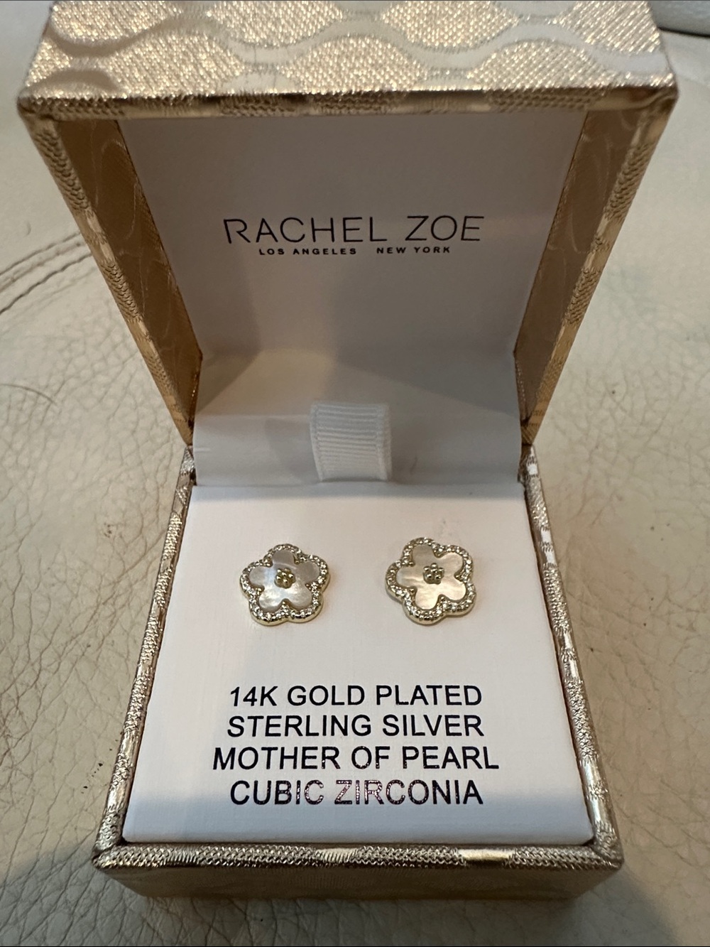 Rachel Zoe Gold and Mother-of-Pearl Clover Studs with CZ